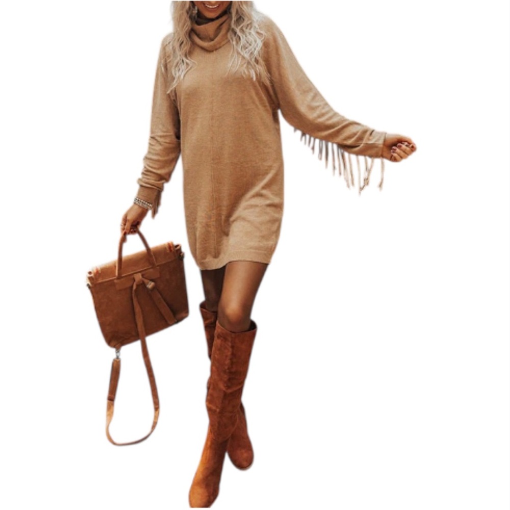 Promesa Camel Sweater Dress with Fringe NEW - Size Medium